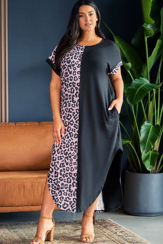 Plus Size Contrast Leopard Short Sleeve Midi Dress