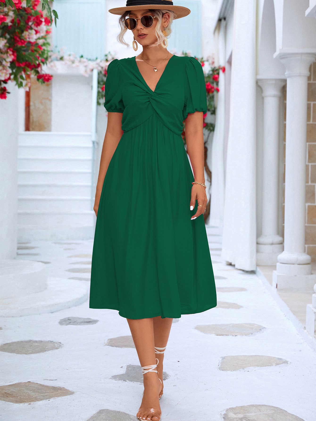 Twisted Short Puff Sleeve V-Neck Dress